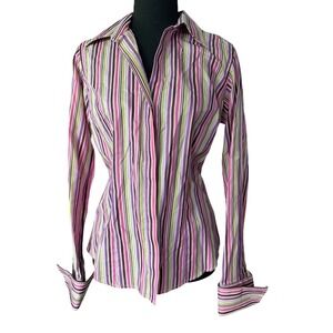 Thomas Pink Womens Striped Button Down Shirt Pink Purple Green Cotton Size 12